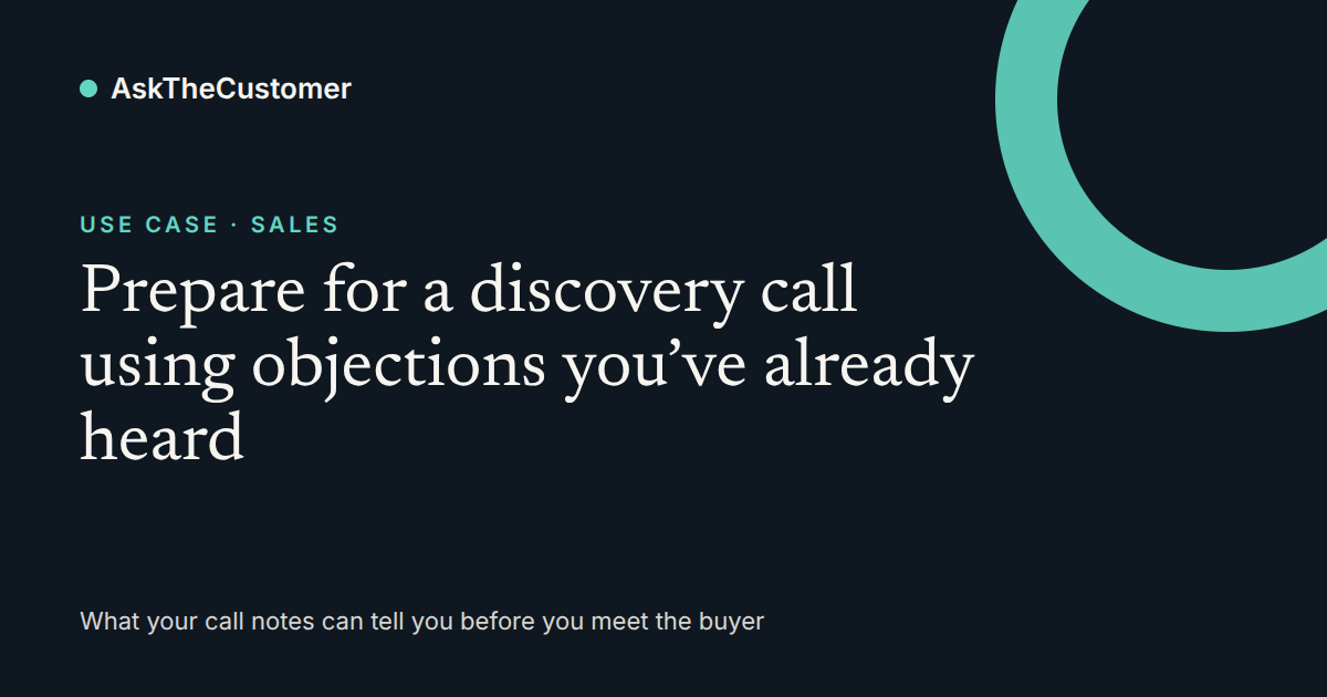 Social share image: Prepare for a discovery call using objections you've already heard. Use case, sales.
