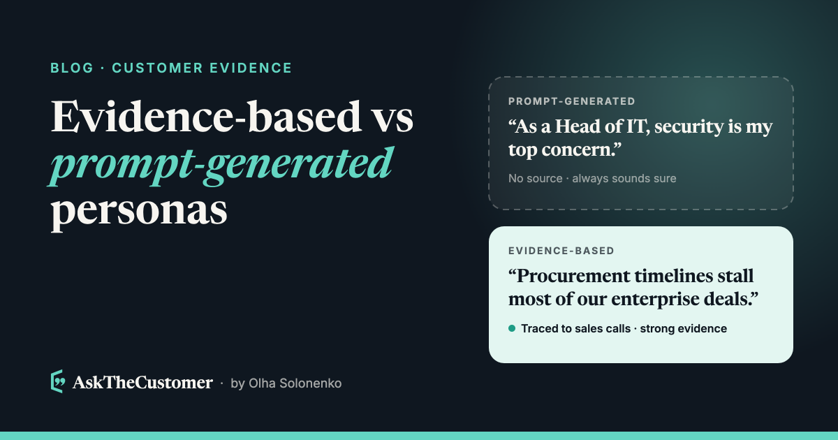 Evidence-based vs prompt-generated personas: an untraceable AI quote compared with a customer insight traced to sales calls.