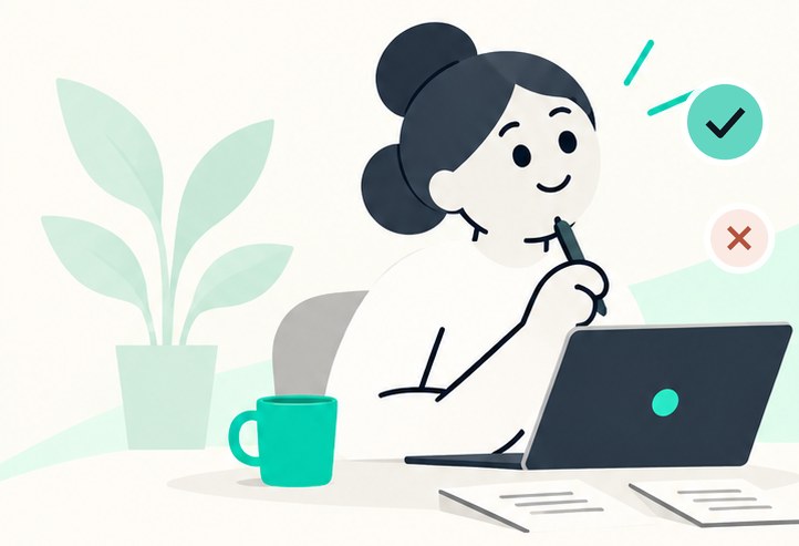 A team member at her laptop thinks it over, with a green tick and a coral cross beside her: is it a fit or not? A team member at her laptop thinks it over, with a green tick and a coral cross beside her: is it a fit or not?
